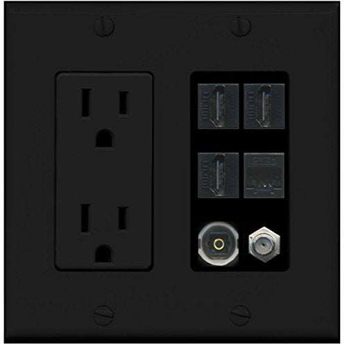 RiteAV Power Outlet 3 HDMI Coax Cat5e Toslink Wall Plate - Black