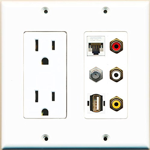 RiteAV Power Outlet and Cat5E Ethernet 3 RCA Composite Coax USB Wall Plate White