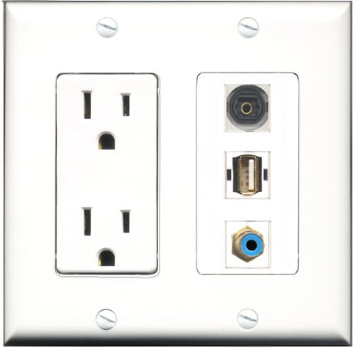 RiteAV - 15 Amp Power Outlet 1 Port RCA Blue 1 Port USB A-A 1 Port Toslink Decorative Wall Plate
