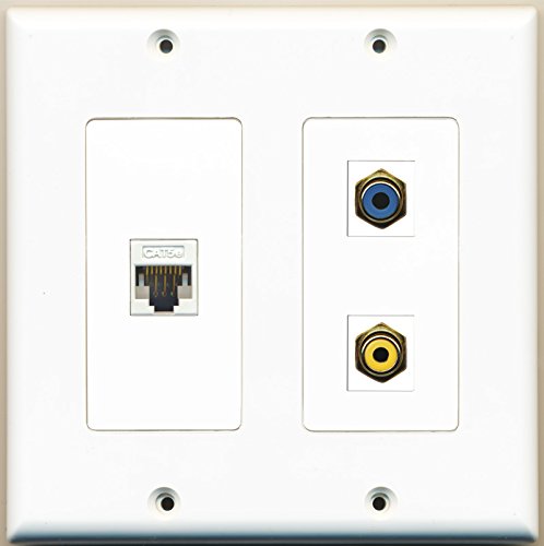 RiteAV - 1 Port RCA Yellow 1 Port RCA Blue 1 Port Cat5e Ethernet White - 2 Gang Wall Plate