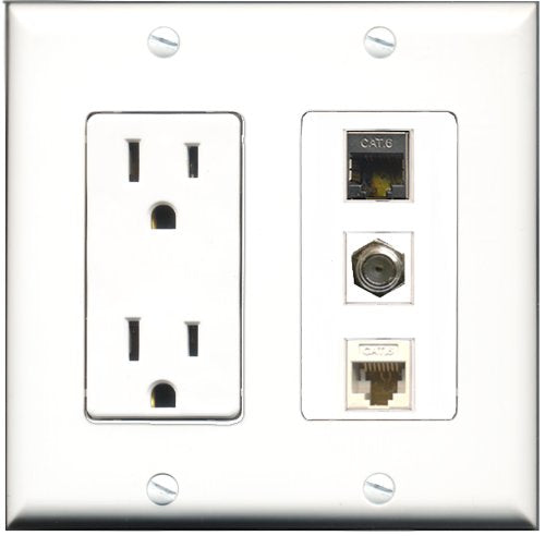 RiteAV - 15 Amp Power Outlet 1 Port Coax 1 Port Shielded Cat6 Ethernet Ethernet 1 Port Cat6 Ethernet Ethernet White Decorative Wall Plate
