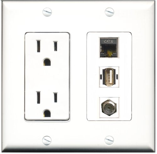 RiteAV - 15 Amp Power Outlet 1 Port Coax 1 Port USB A-A 1 Port Shielded Cat6 Ethernet Ethernet Decorative Wall Plate