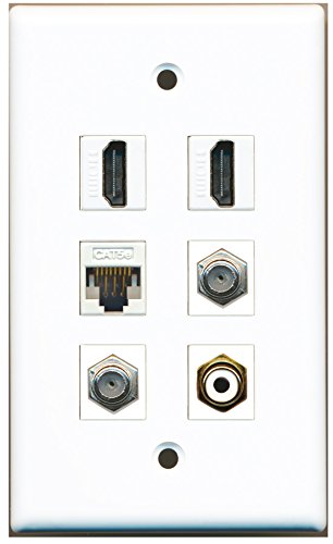 RiteAV - 2 HDMI 1 Port RCA White 2 Port Coax Cable TV- F-Type 1 Port Cat5e Ethernet White Wall Plate