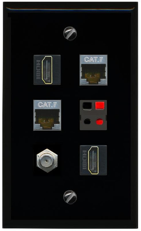 RiteAV 2 CAT7 COAX 2 HDMI SPEAKER Flat/Solid Wall Plate [Black]