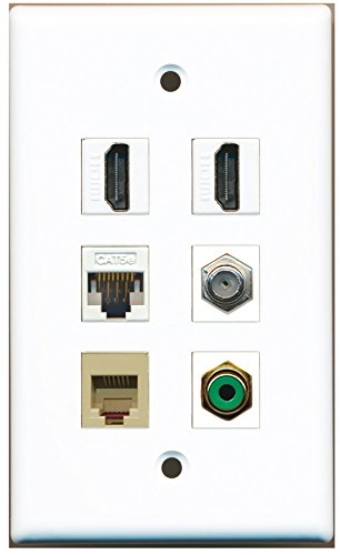 RiteAV - 2 HDMI 1 Port RCA Green 1 Port Coax Cable TV- F-Type 1 Port Phone RJ11 RJ12 Beige 1 Port Cat5e Ethernet White Wall Plate