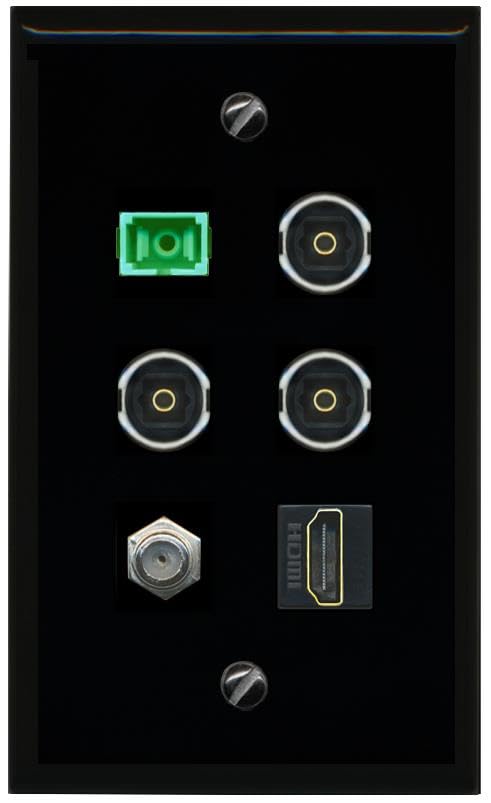 RiteAV COAX HDMI SC APC Simplex Fiber 3 TOSLINK Flat/Solid Wall Plate [Black]