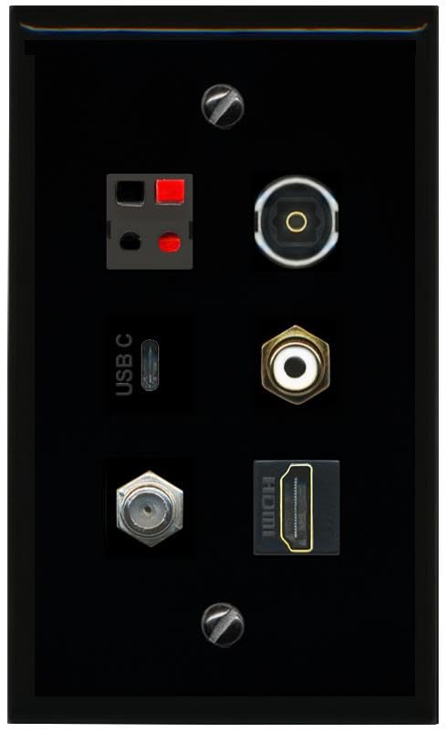 RiteAV COAX HDMI RCA WHITE SPEAKER TOSLINK USBC Flat/Solid Wall Plate [Black]
