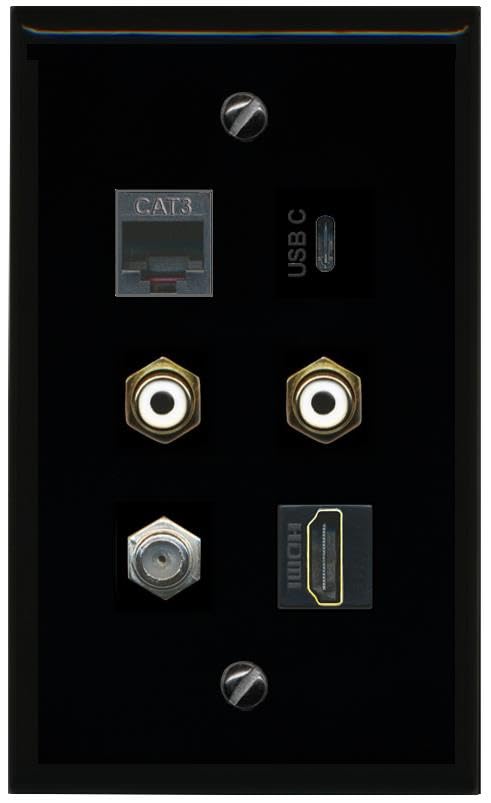 RiteAV Coax HDMI Phone 2 RCA White USBC Flat/Solid Wall Plate [Black]