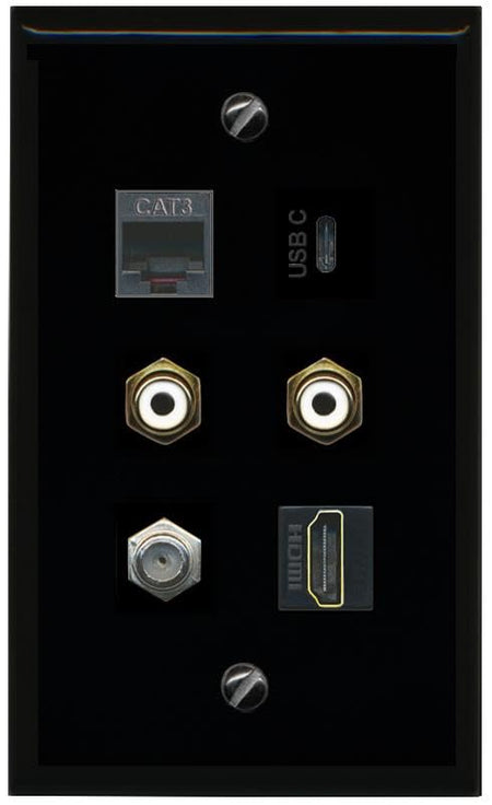 RiteAV Coax HDMI Phone 2 RCA White USBC Flat/Solid Wall Plate [Black]
