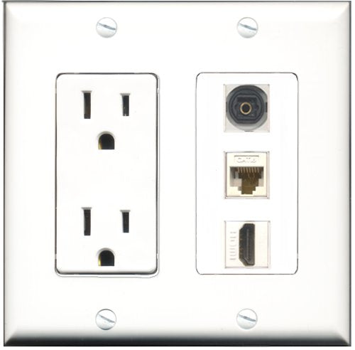 RiteAV - 15 Amp Power Outlet 1 Port HDMI 1 Port Toslink 1 Port Cat6 Ethernet Ethernet White Decorative Wall Plate