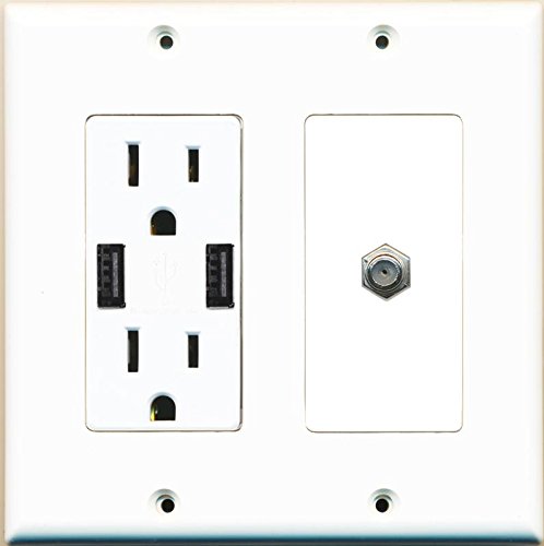 RiteAV 15A 125V Power Outlet with 2 Powered USB Ports and 1 x Coax Cable Decorative White Wall Plate