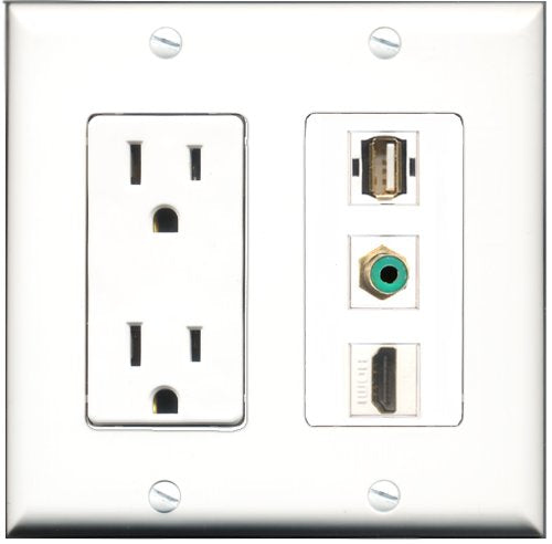 RiteAV - 15 Amp Power Outlet 1 Port HDMI 1 Port RCA Green 1 Port USB A-A Decorative Wall Plate