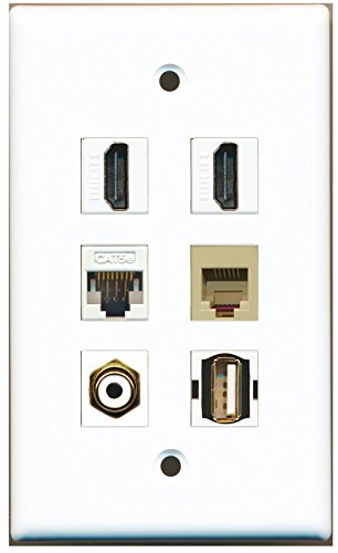 RiteAV - 2 HDMI 1 Port RCA White 1 Port USB A-A 1 Port Phone RJ11 RJ12 Beige 1 Port Cat5e Ethernet White Wall Plate