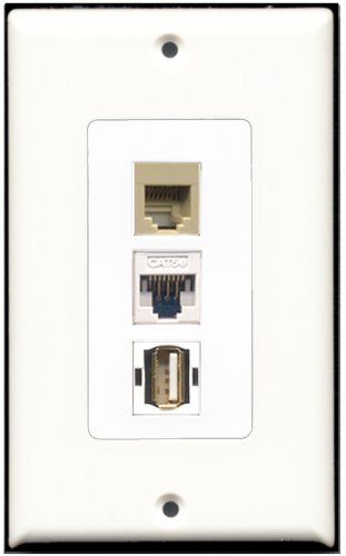 RiteAV 1 Port USB A-A 1 Phone RJ11 RJ12 Beige 1 Cat5e Ethernet White Wall Plate OVERSIZED