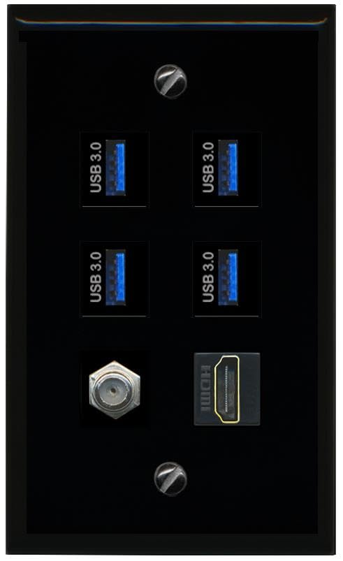 RiteAV Coax HDMI 4 USB 3 Flat/Solid Wall Plate [Black]