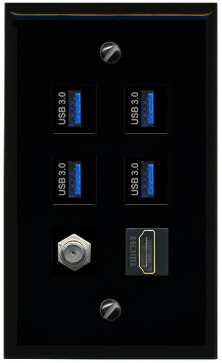 RiteAV Coax HDMI 4 USB 3 Flat/Solid Wall Plate [Black]