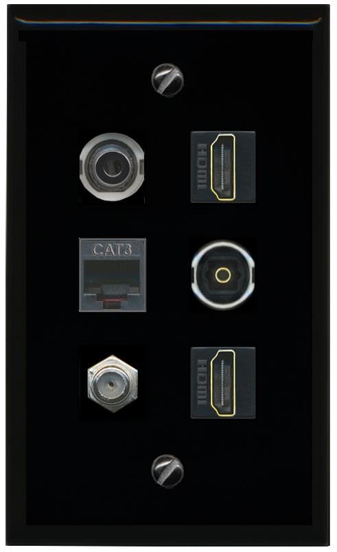 RiteAV 3.5mm Coax 2 HDMI Phone TOSLINK Flat/Solid Wall Plate [Black]
