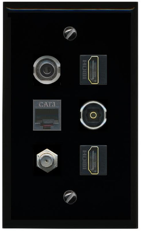 RiteAV 3.5mm Coax 2 HDMI Phone TOSLINK Flat/Solid Wall Plate [Black]