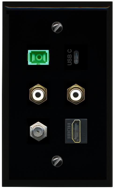 RiteAV Coax HDMI 2 RCA White SC APC Simplex Fiber USBC Flat/Solid Wall Plate [Black]
