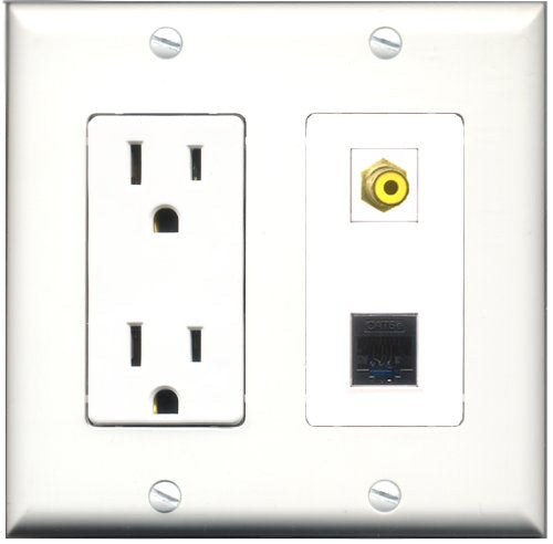 RiteAV - 15 Amp Power Outlet and 1 Port RCA Yellow and 1 Port Cat5e Ethernet Black Decorative Type Wall Plate White