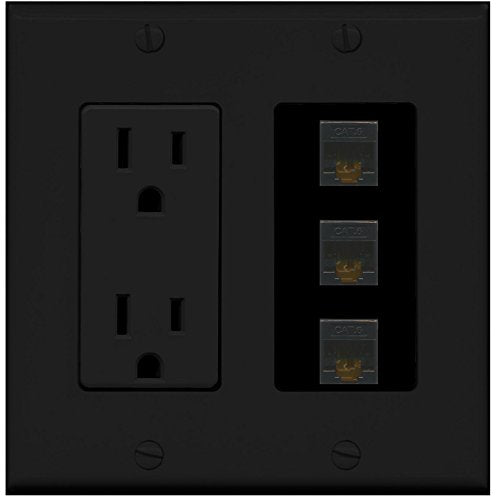 RiteAV (2 Gang Decorative 15A Power Outlet 3 Cat6 Black Wall Plate Black