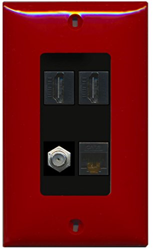 RiteAV - 2 Port HDMI 1 Port Coax Cable TV- F-Type 1 Port Cat6 Ethernet Decorative Wall Plate - Red/Black