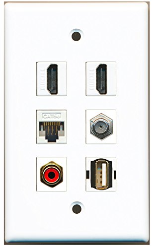 RiteAV - 2 HDMI 1 Port RCA Red 1 Port Coax Cable TV- F-Type 1 Port USB A-A 1 Port Cat5e Ethernet White Wall Plate