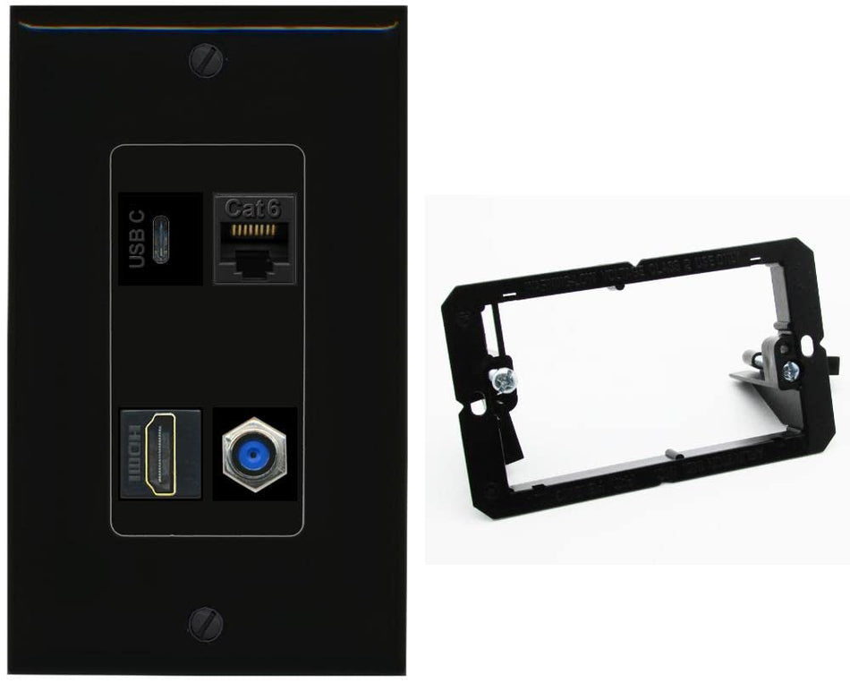 RiteAV USBC HDMI Cat6 Coax F81 Wall Plate - 1 Gang w-Bracket [Black/Black]