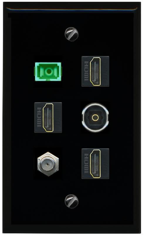 RiteAV COAX 3 HDMI SC APC Simplex Fiber TOSLINK Flat/Solid Wall Plate [Black]