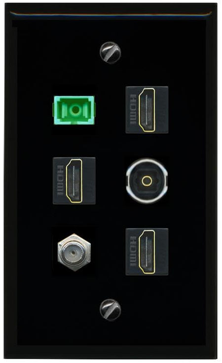 RiteAV COAX 3 HDMI SC APC Simplex Fiber TOSLINK Flat/Solid Wall Plate [Black]