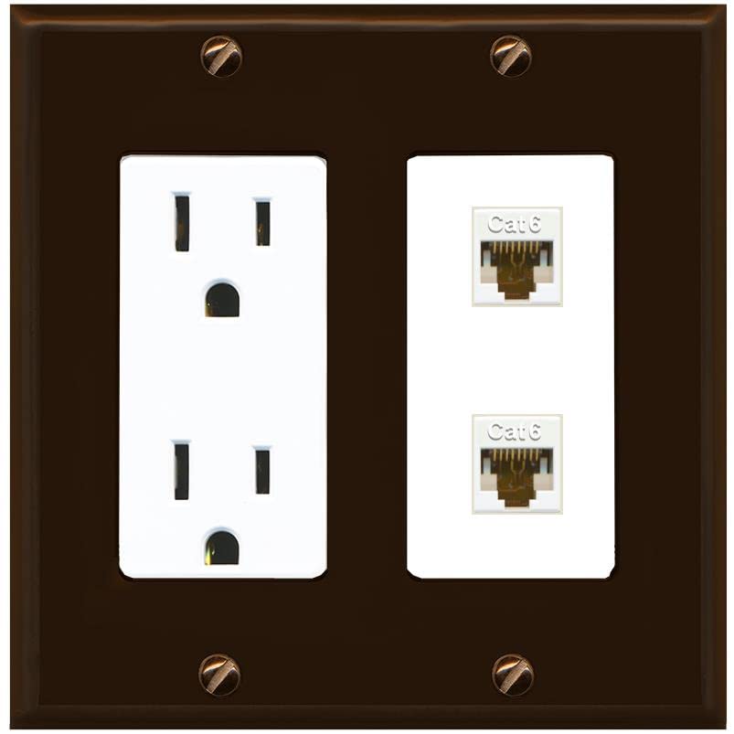 RiteAV 2 Port Cat6 Ethernet Wall Plate - Outlet [Brown/White]