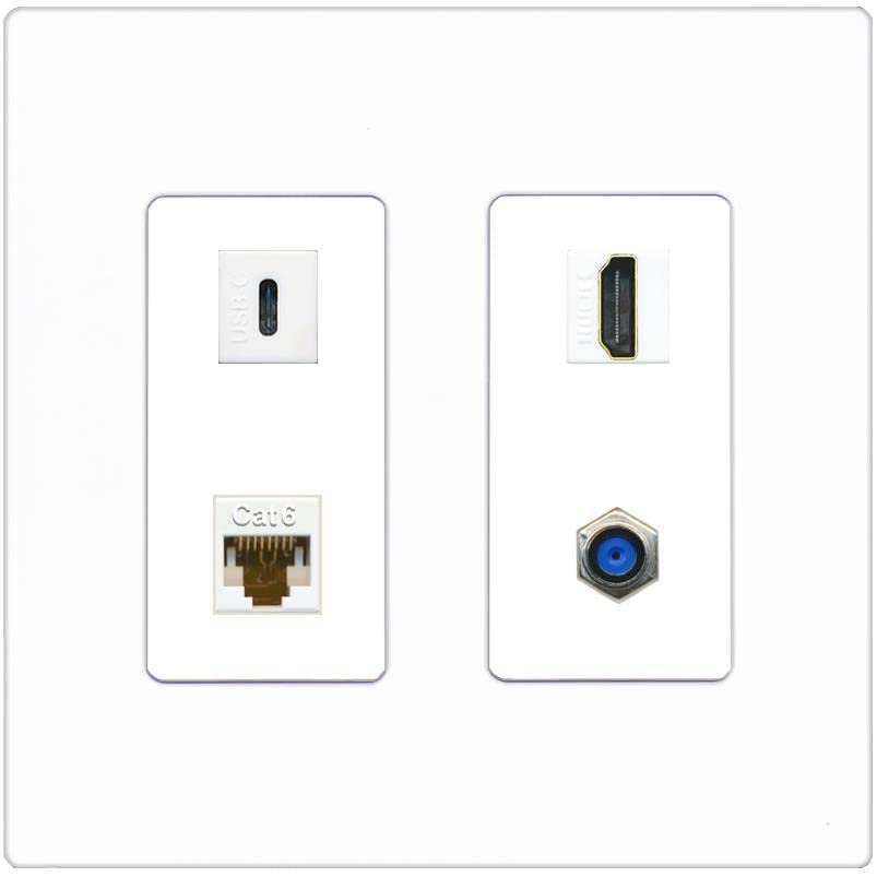 RiteAV USBC HDMI Cat6 Coax F81 Wall Plate - 2 Gang [Screwless White]