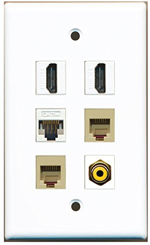 RiteAV - 2 HDMI 1 Port RCA Yellow 2 Port Phone RJ11 RJ12 Beige 1 Port Cat5e Ethernet White Wall Plate