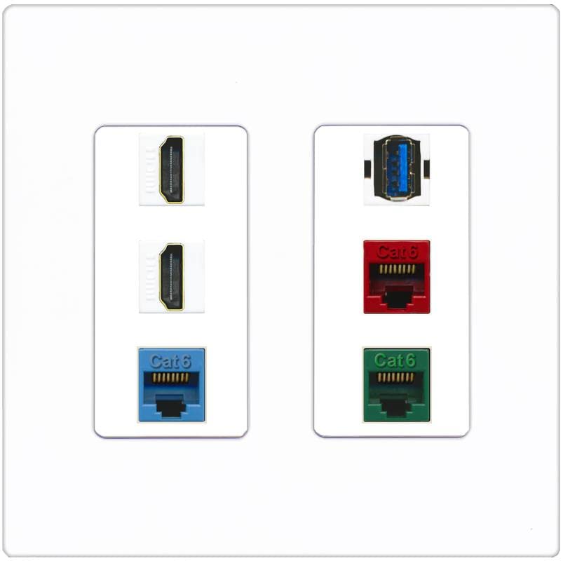 RiteAV 2 HDMI 3 Cat6 Ethernet USB3 Mixed Color Wall Plate - 2 Gang [Screwless White]