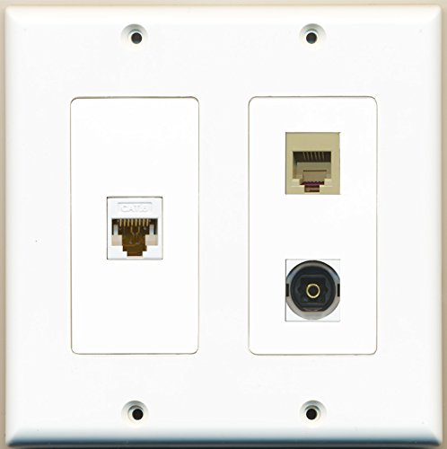 RiteAV - 1 Port Phone RJ11 RJ12 Beige 1 Port Toslink 1 Port Cat6 Ethernet White - 2 Gang Wall Plate