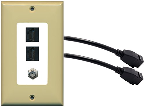 RiteAV (1 Gang Decorative 2 HDMI Black Coax Wall Plate w/Pigtail Extension Cable Ivory on White
