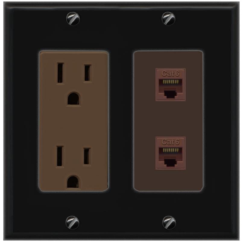 RiteAV 2 Port Cat6 Ethernet Wall Plate - Outlet [Black/Brown]