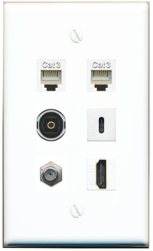 RiteAV Coax HDMI 2 Phone TOSLINK USBC Flat/Solid Wall Plate [White]