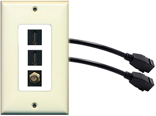 RiteAV (1 Gang Decorative) 2 HDMI Black Coax Wall Plate w/Pigtail Extension Cable Light Almond on White