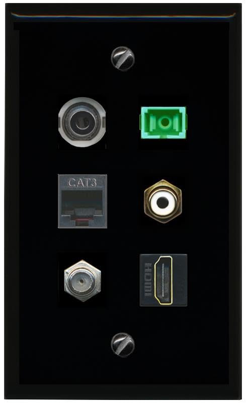RiteAV 3.5mm COAX HDMI PHONE RCA WHITE SC APC Simplex Fiber Flat/Solid Wall Plate [Black]