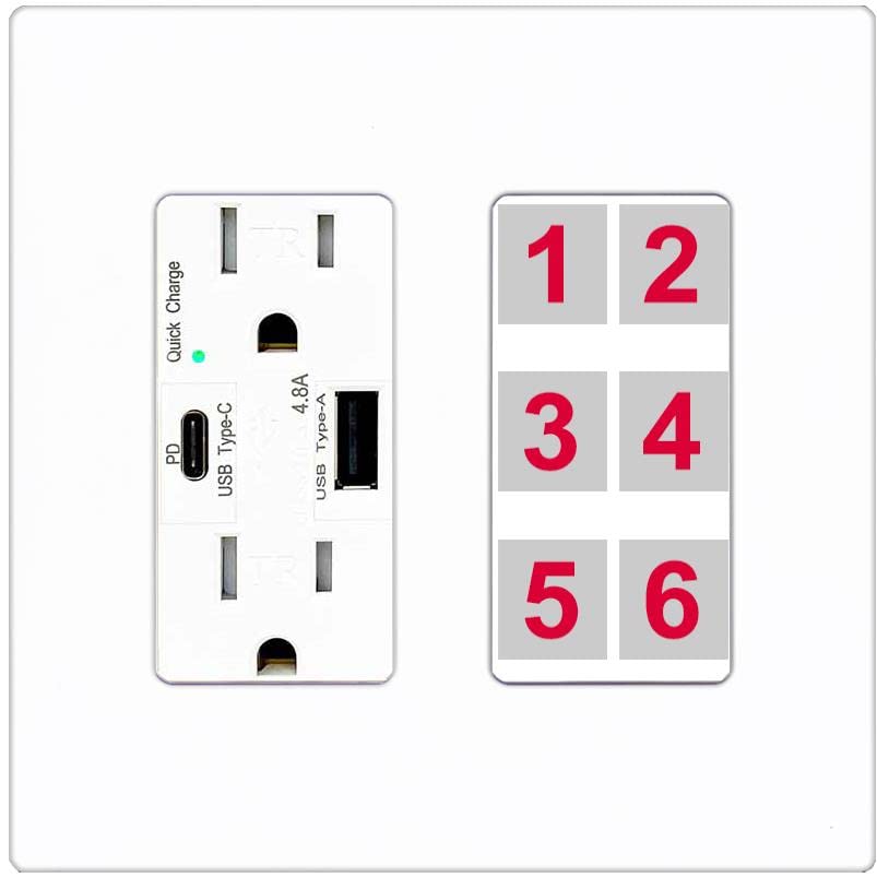 RiteAV 6 Port Custom Wall Plate - USB A+C Charger [Screwless White]