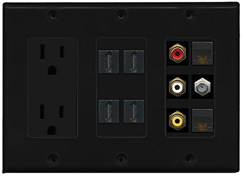 RiteAV Power 4 HDMI 3-RCA Composite Cat6 Ethernet Coax TV Wall Plate - Black