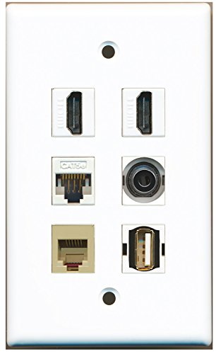 RiteAV - 2 HDMI 1 Port USB A-A 1 Port Phone RJ11 RJ12 Beige 1 Port 3.5mm 1 Port Cat5e Ethernet White Wall Plate