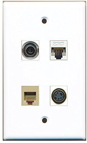 RiteAV - 1 Port Phone RJ11 RJ12 Beige 1 Port S-Video 1 Port 3.5mm 1 Port Cat5e Ethernet White Wall Plate