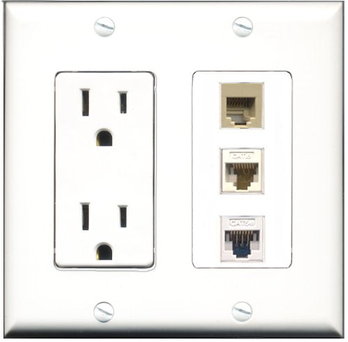 RiteAV - 15 Amp Power Outlet 1 Port Phone Beige 1 Port Cat5e Ethernet White 1 Port Cat6 Ethernet Ethernet White Decorative Wall Plate