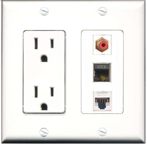 RiteAV - 15 Amp Power Outlet 1 Port RCA Red 1 Port Shielded Cat6 Ethernet Ethernet 1 Port Cat5e Ethernet White Decorative Wall Plate