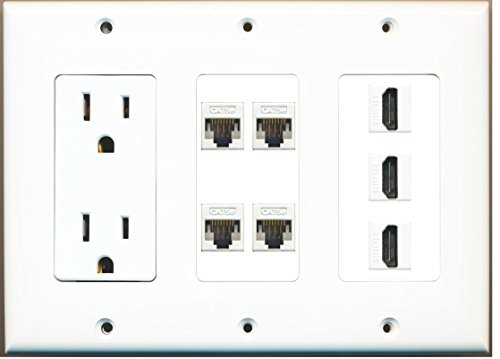 RiteAV - (3 Gang 15A Power Outlet 3 HDMI 4 Cat5e White Wall Plate White