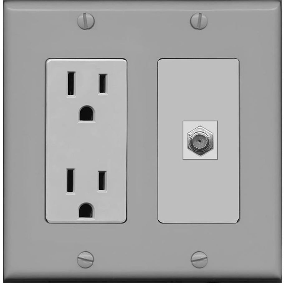 RiteAV - 15 Amp Power Outlet and 1 Port Coax Cable TV- F-Type Decorative Type Wall Plate - Gray