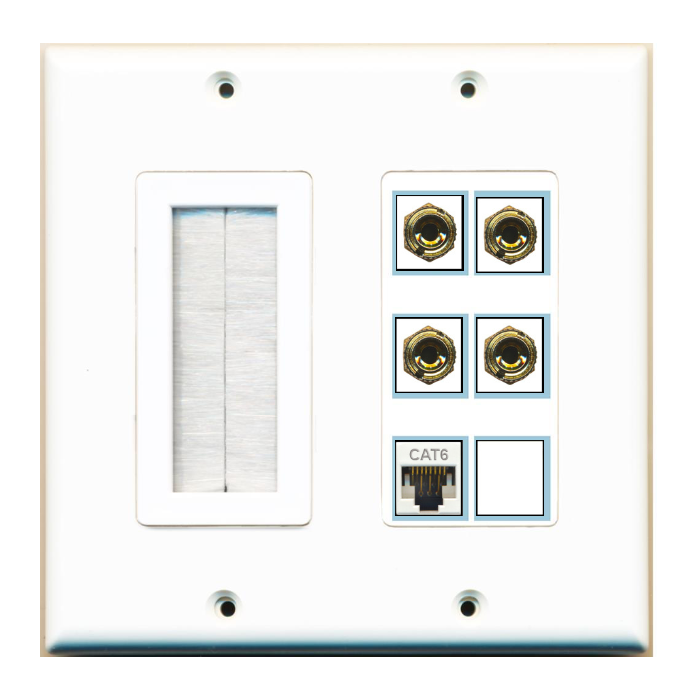 6 Port Custom Keystone Wall Plate 2 Gang DecorZ White w/Brush Insert