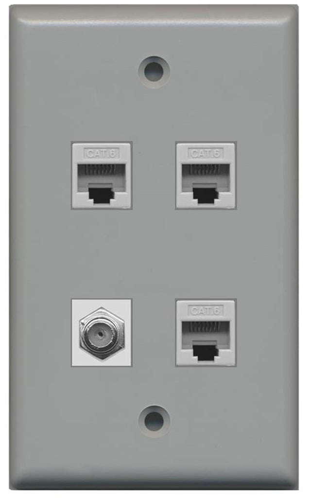 RiteAV 1 Port Coax Cable TV- F-Type 3 Port Cat6 Ethernet Wall Plate - Gray
